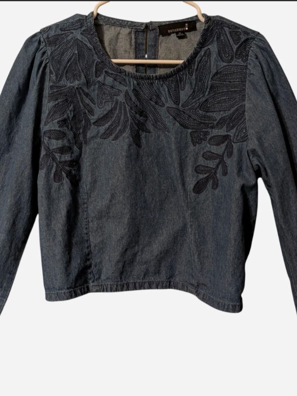 Embroidered Floral Denim Crop Blouse - Blue, Size M